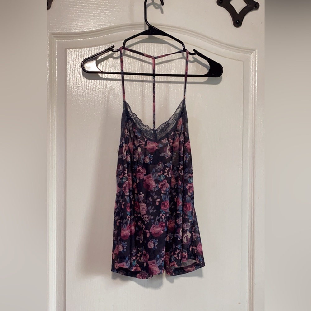 Floral Lace Trim Chemise in Pink and Gray